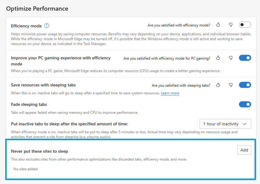 performance settings in edge