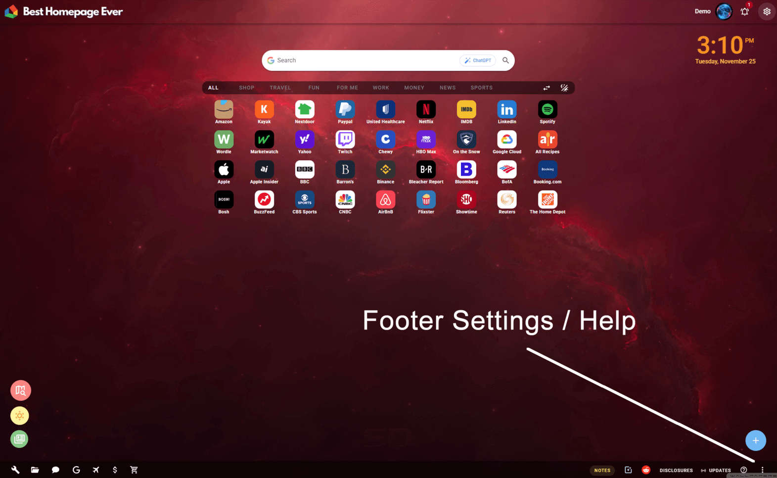 Screenshot showing the footer area with Help, Notes, and quick access shortcuts on Best Homepage Ever