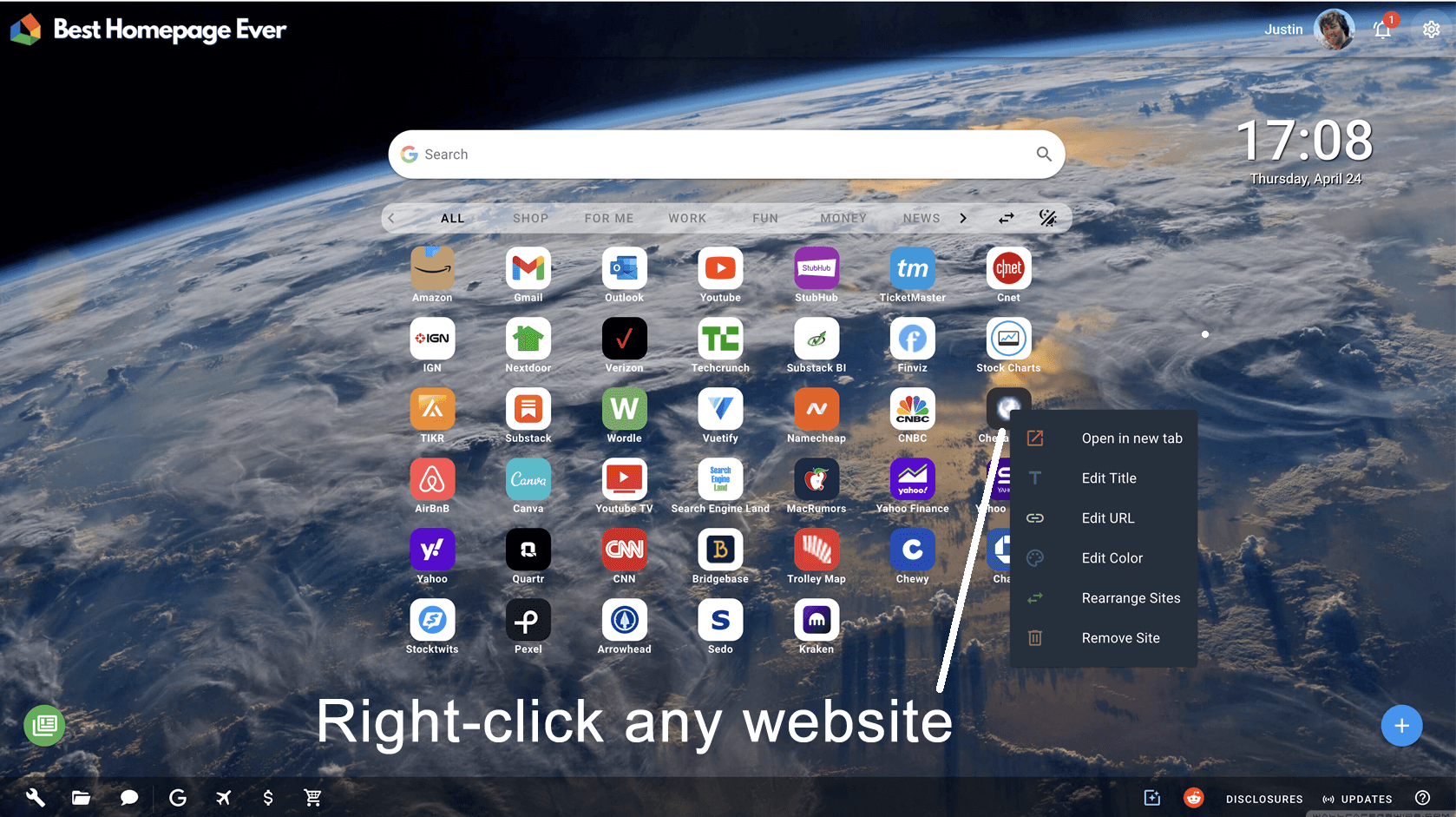 right-click area of homepage