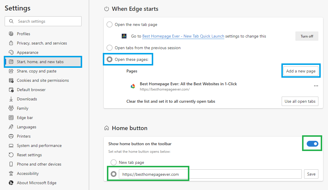 Microsoft Edge Homepage Settings